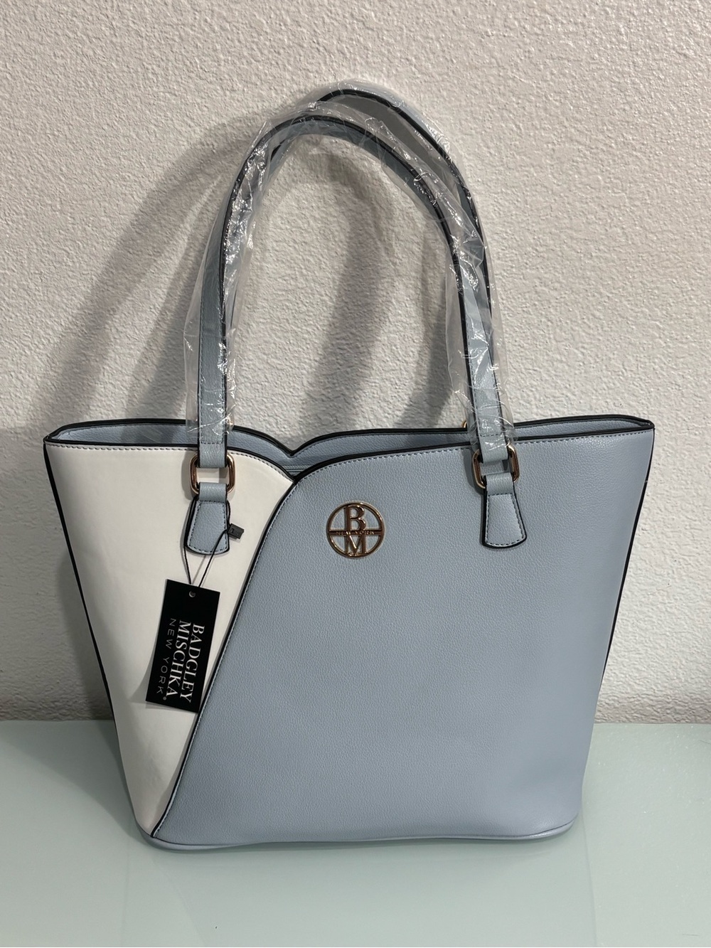 Badgley Mischka The Rae Colorblock Tote Shoulder Bag - Light Blue & White